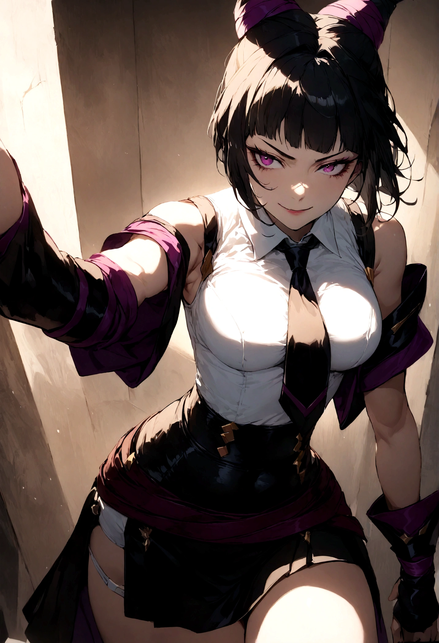 juri han, work of art, tight white secretary shirt with black tie, black high waist skirt, short skirt, short hair, black hair, black tights evil smile,oculos