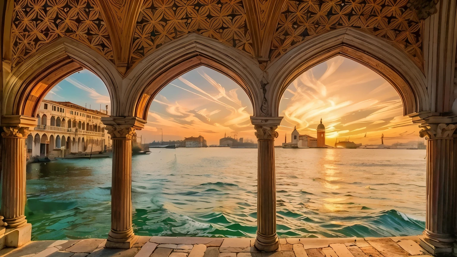 Masterpiece, a magnificent view of Saint Mark's Square in Venice, circa 1410 AD, during an early morning sunrise. Venice, at the peak of its glory and wealth, basks in the soft golden light. From the vantage point of Saint Giorgio Maggiore Island, the splendid 15th-century architecture reflects the city's immense power and grandeur. The scene is alive with bustling merchant ships and traditional Venetian boats, their sails catching the morning breeze. Majestic buildings adorned with detailed carvings and grand arches line the square, exuding Italian Renaissance beauty and atmosphere. The rising sun enhances the breathtaking magnificence of this historic city, highlighting its vibrant and thriving essence, 16K, ultra high res.photorealistic, UHD, RAW, DSLR, sharp focus, wide angle ( Italian renaissance vibes:1.2)