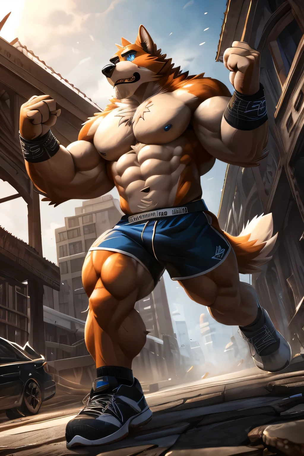 2d digital drawing, a shirtless muscular Saint Bernard dog male with huge buff muscles wearing black gym shorts, black wristbands and black gym shoes, doing 300 biceps curls at the gym intensely, weight plates, (best quality,4k,8k,highres,masterpiece:1.2),ultra-detailed,(realistic,photorealistic,photo-realistic:1.37),extremely detailed muscles and veins,incredibly detailed fur, extremely detailed eyes, extremely detailed face, extremely detailed paws, extremely detailed physique, extremely muscular,insanely ripped, chiseled physique, powerful, intense, hardcore, gritty, dramatic lighting, dynamic pose, action shot, powerful, strong, masculine, hyper detailed, photorealistic, 8k, lifelike, cinematic, dramatic (Detailed blue eyes), Browster, (a high resolution, Best quality), 4k,(by takemoto arashi).