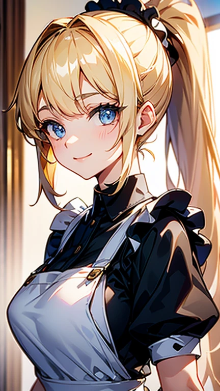 High quality, Best quality , masterpiece, Portrait、、Bright expression、ponytail、Young, shiny, white, glossy skin、Gloss Face、Shining Cheek Gloss、Small Face Beauty、The best beauty、The dazzling light of blonde hair、Bright blonde hair with dazzling highlights、Very beautiful shiny light blonde hair、super long silky straight hair、Her shiny, beautiful bangs are covering her eyes.、Sparkling, clear, attractive, bright, large, pale blue eyes、Very big eyes、eyeliner、very beautiful lovely cute 16 year old girl、young girl, Ample Bust, upper body , (smile:1.2) , (((wearing apron , ponytail )))),in house , huge breast