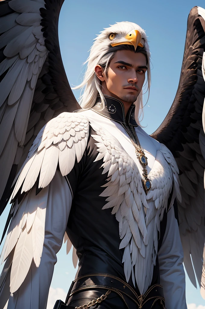 1 homem,cabelo preto-e-branco,olhos prateados,roupa comprida,eagle wings,voando sobre uma cidade bem iluminada