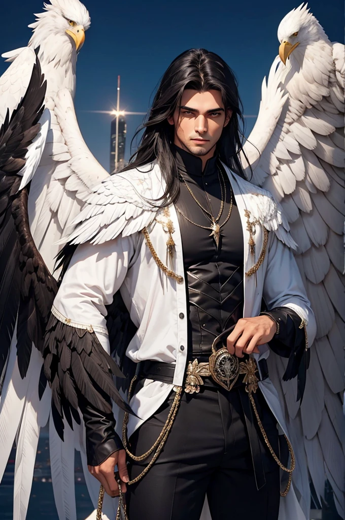 1 homem,cabelo preto-e-branco,olhos prateados,roupa comprida,eagle wings,voando sobre uma cidade bem iluminada