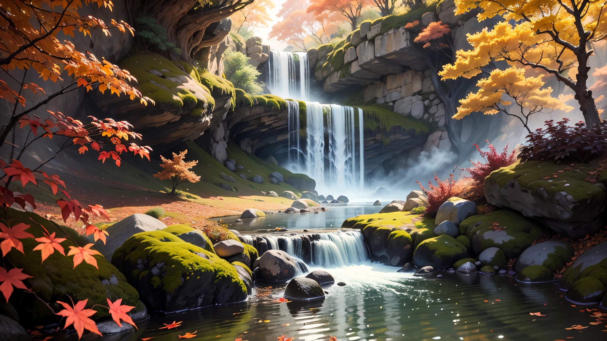 Top quality、Top image quality、masterpiece、Small waterfall floating in the valley,Beautiful autumn leaves
