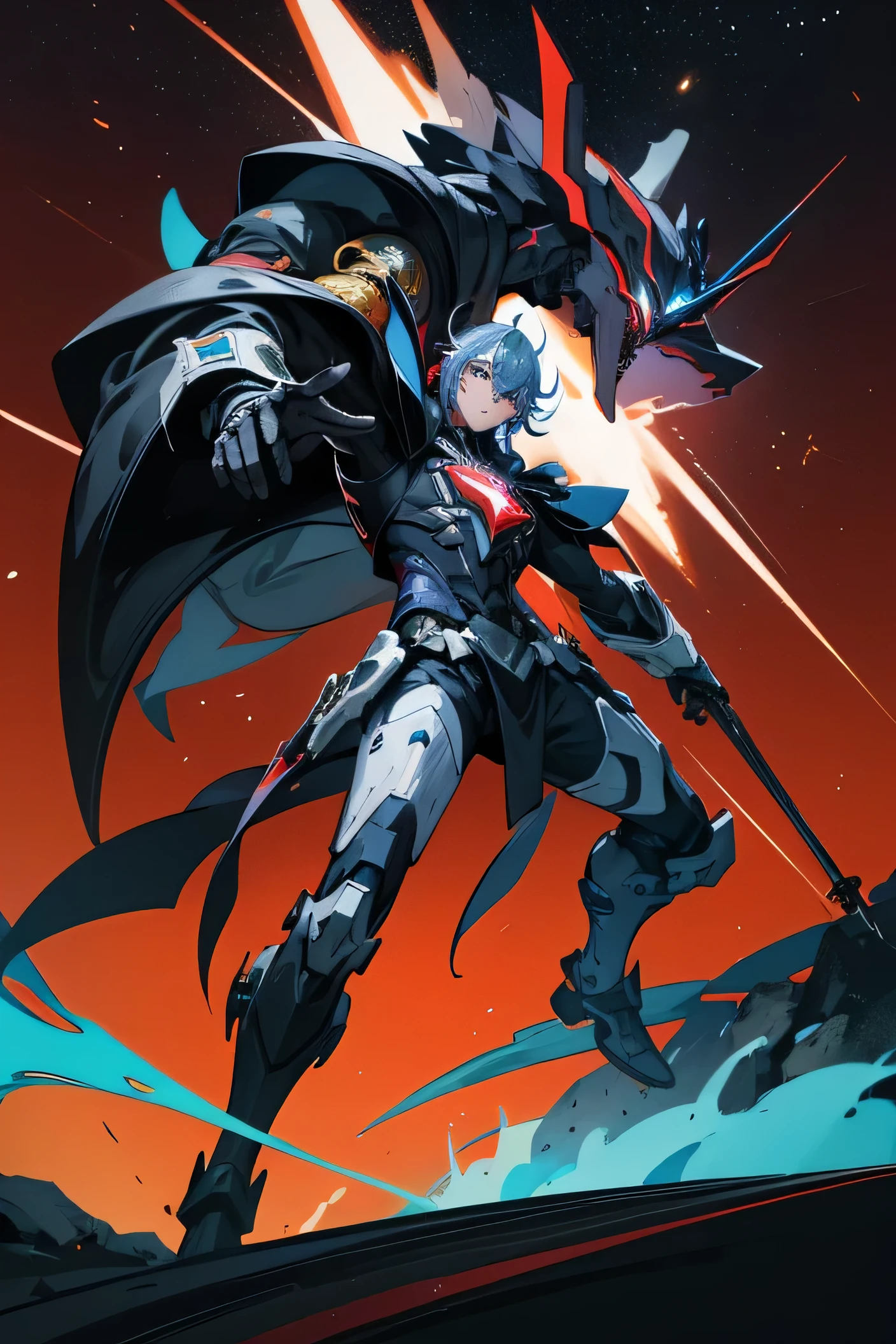 1 hombre, cuerpo completo, estilo anime realista, (juego: honkai star rail), tematica de vigilante de la galaxia, 1 arma en manos francotirador, 5 armas en la cintura flashbang, behind the man style shadow of an animal (Alcon), vestimenta del hombre tonalidades frias y negras, vestimenta mecha, vestimenta de mascara con infra rojos removibles, muestra su cara, cara seria, ojos de Alcon, cabello negro, posa mirando de frente, ojos color rojo oscuro, mountains background design with vegetation, cielo ( espacio)
