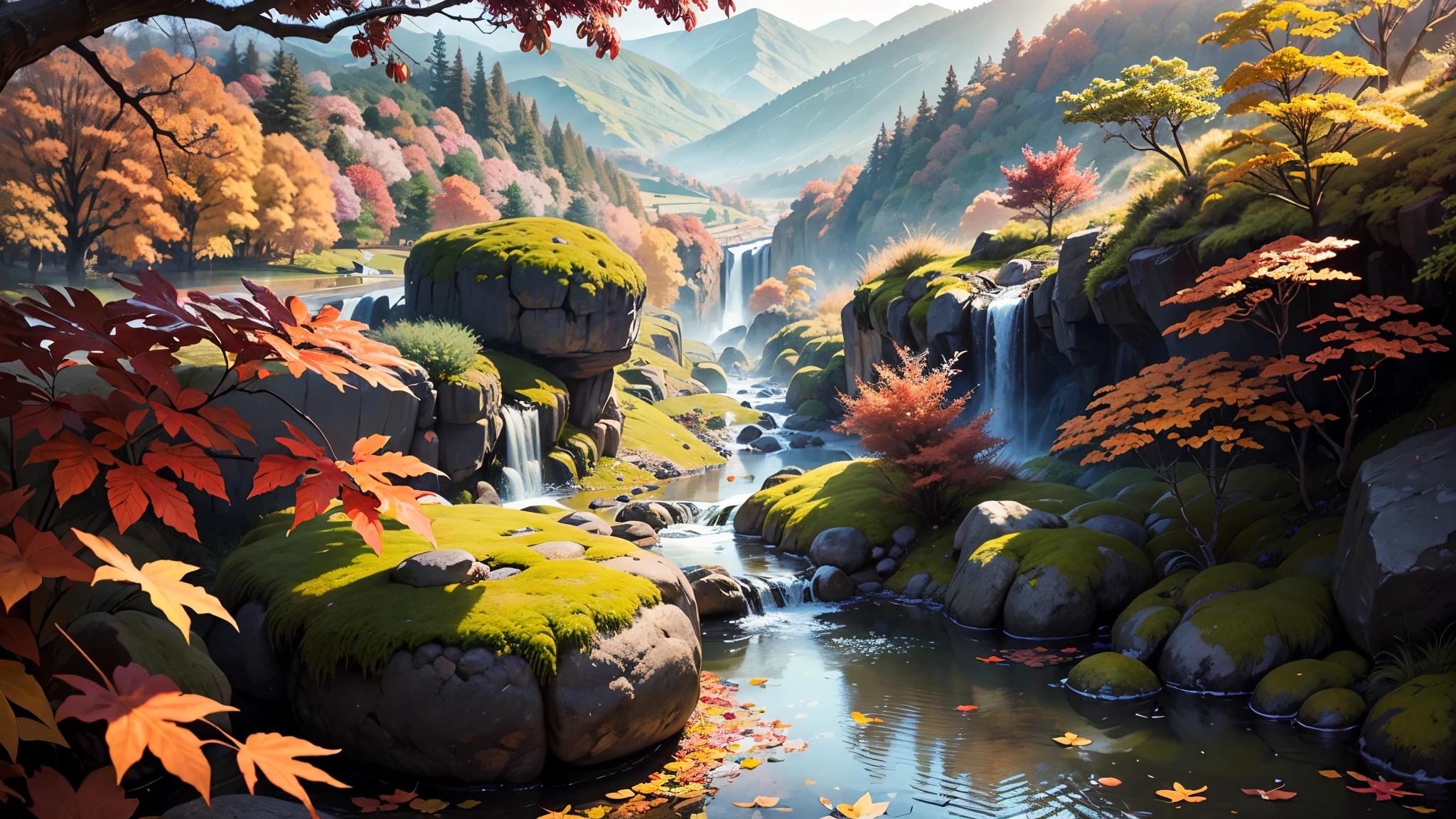 Top quality、Top image quality、masterpiece、Small waterfall floating in the valley，Beautiful autumn leaves