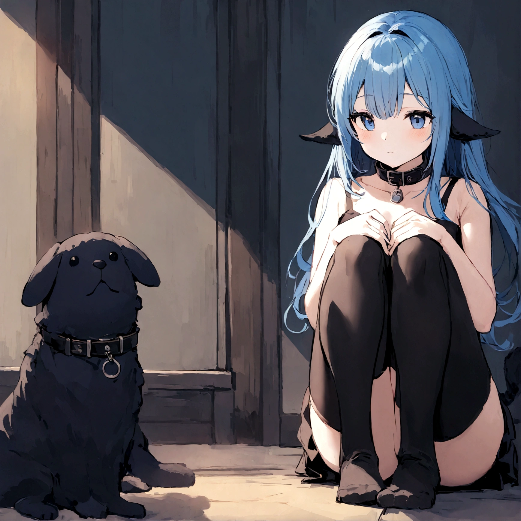 a sexy female with long blue hair, has floppy puppy ears, has a puppy tail, wearing a black corset, wearing a black mini skirt, has a dark blue dog collar on, wearing cute thigh high socks, relaxing on knees, solo, alone, (SOLO)ALONE), no dogs, single girl, on knees
