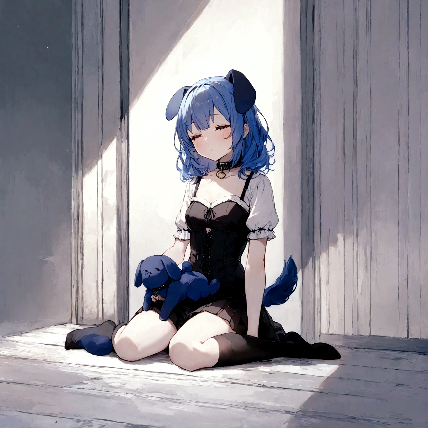 a sexy female with long blue hair, has floppy puppy ears, has a puppy tail, wearing a black corset, wearing a black mini skirt, has a dark blue dog collar on, wearing cute thigh high socks, relaxing on knees, solo, alone, (SOLO)ALONE), no dogs, single girl, on knees