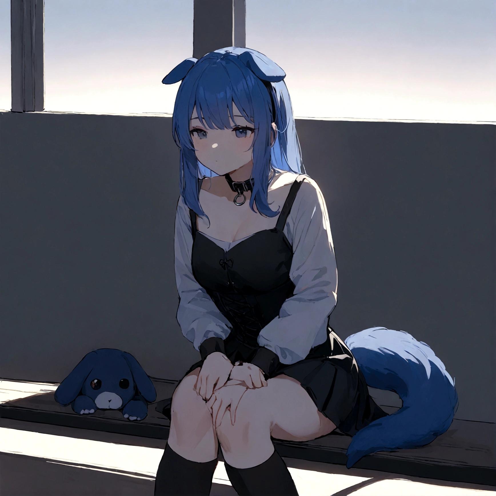 a sexy female with long blue hair, has floppy puppy ears, has a puppy tail, wearing a black corset, wearing a black mini skirt, has a dark blue dog collar on, wearing cute thigh high socks, relaxing on knees, solo, alone, (SOLO)ALONE), no dogs, single girl, on knees