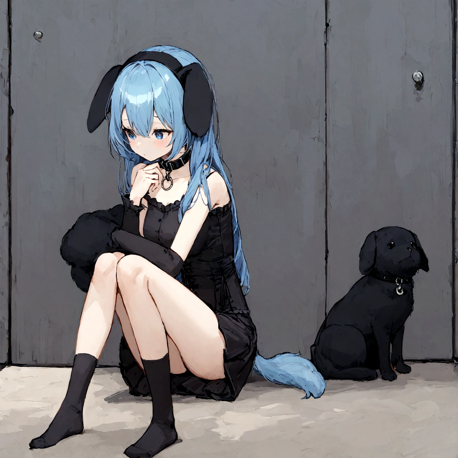 a sexy female with long blue hair, has floppy puppy ears, has a puppy tail, wearing a black corset, wearing a black mini skirt, has a dark blue dog collar on, wearing cute thigh high socks, relaxing on knees, solo, alone, (SOLO)ALONE), no dogs, single girl, on knees