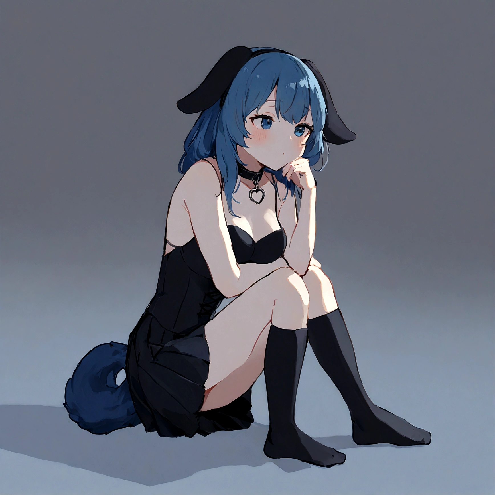 a sexy female with long blue hair, has floppy puppy ears, has a puppy tail, wearing a black corset, wearing a black mini skirt, has a dark blue dog collar on, wearing cute thigh high socks, relaxing on knees, solo, alone, (SOLO)ALONE), no dogs, single girl, on knees