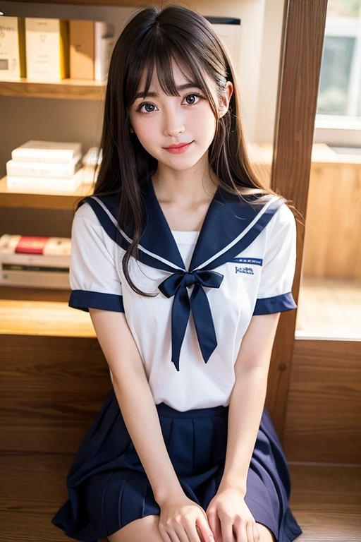 ((highest quality)), ((masterpiece)), (detailed), High resolution、32k、Live Action、Genuine、Actual product、Genuine、Genuine、Professional Lighting、Spotlight on faceを当てる、The best beautiful girl、とにかくcute、Face similar to Haruka Fukuhara、日本一cute女子高生、Smooth semi-long hair、Shiny black hair、Small face、Fair skin、Big eyes、double eyelid、Long eyelashes、Tear bags、Glowing black eyes、Blushed、skinny、Thin neck、Thin arms、Narrow shoulders、uniform、Short-sleeved sailor uniform、White Sailor Suit、Navy blue pleated mini skirt、White socks、black loafer shoes、Translucent white skin、Small Bust、Small Bust, cup、smile、cuteおしり、Beautiful legs、Night Classroom、dim、shy、cute、Similar to Haruka Fukuhara、Spotlight on face、Well-formed face、Watery eyes、thin、cute、beauty、Adorable、、Soft Skin、Transparent white skin、Professional photography、Sister type beautiful girl、Lovely、White socks、Be bold、