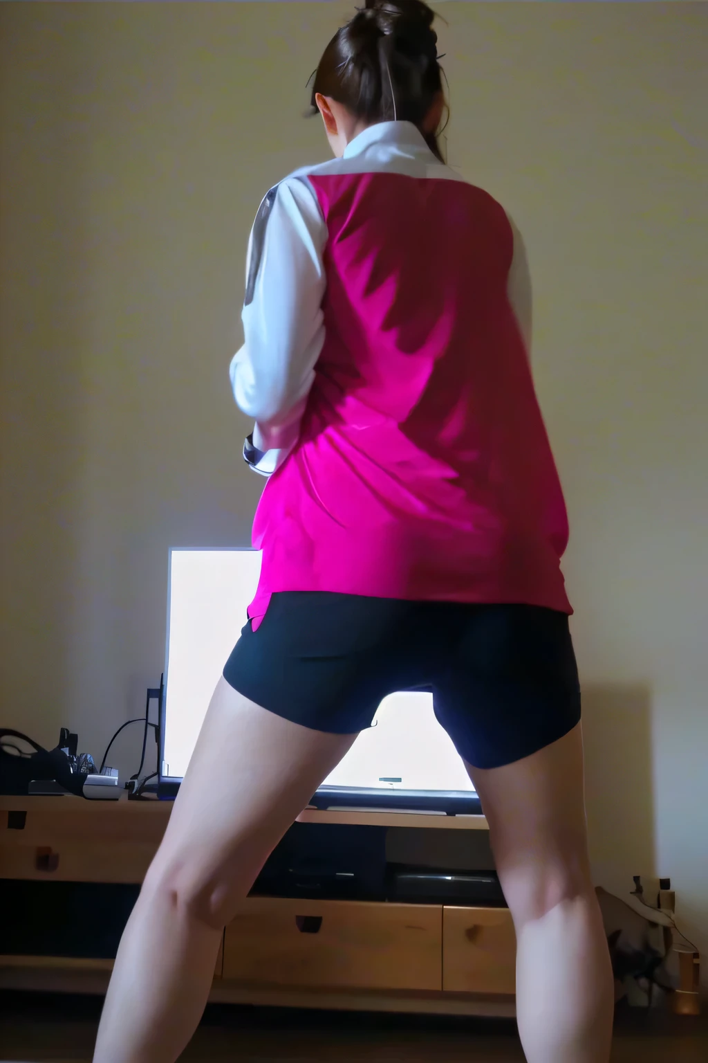 there is a woman standing in front of a TV playing video games, long shot from behind, long shot from behind, striking a cheeky pose, in shorts, shot from behind, shot of leg and hip, shot of hip and leg, frantic dance pose , shot from the back, thighs!!!!!!, other women dancing behind, dancing in the background, shot from the back.

She is wearing a pink sports blouse with white collared sleeves and black shorts doing yoga, striking a cheeky pose, doing splits and stretching.

She is a beautiful woman, with white skin and dark brown hair. She is about 45 years old, 165 cm tall and weighs 56 kg. She has a perfect mouth, medium breasts, a perfect face. Her body exudes glamor and her face is a definition of beauty. Slender body, thin waist. Highly realistic, hyperrealism, very elaborate skin, perfect face. Clear photo, high resolution, high quality, masterpiece, 16K photo, high contrast, masterpiece, NUDE, NUDITY, NFSW.