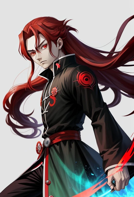 anime character with red eyes and long hair with red eyes, an anime drawing inspired by Ryuzaburo Umehara, tumblr, sōsaku made, kimetsu no yaiba, red eyes glowing, red-eyes, large red eyes, fully red eyes, with red glowing eyes, portrait of hisoka hunter hunter, red eyes