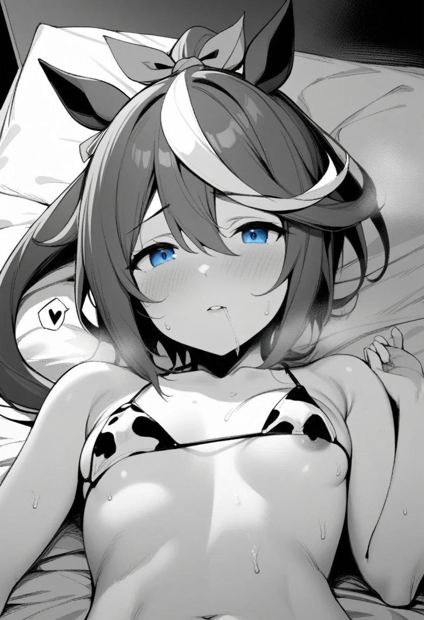 1girl, tokai teio \(umamusume\), solo, small breasts, sweat, spoken heart, looking at viewer, visible air, steam, lying, cinematic angle, grayscale, torogao, saliva, pink nipples, cow print bikini, covering one nipple, bikini top pull, one breast out, nipple, on bed, blue eyes, masterpiece, highly detailed, parted lips, explicit, nsfw