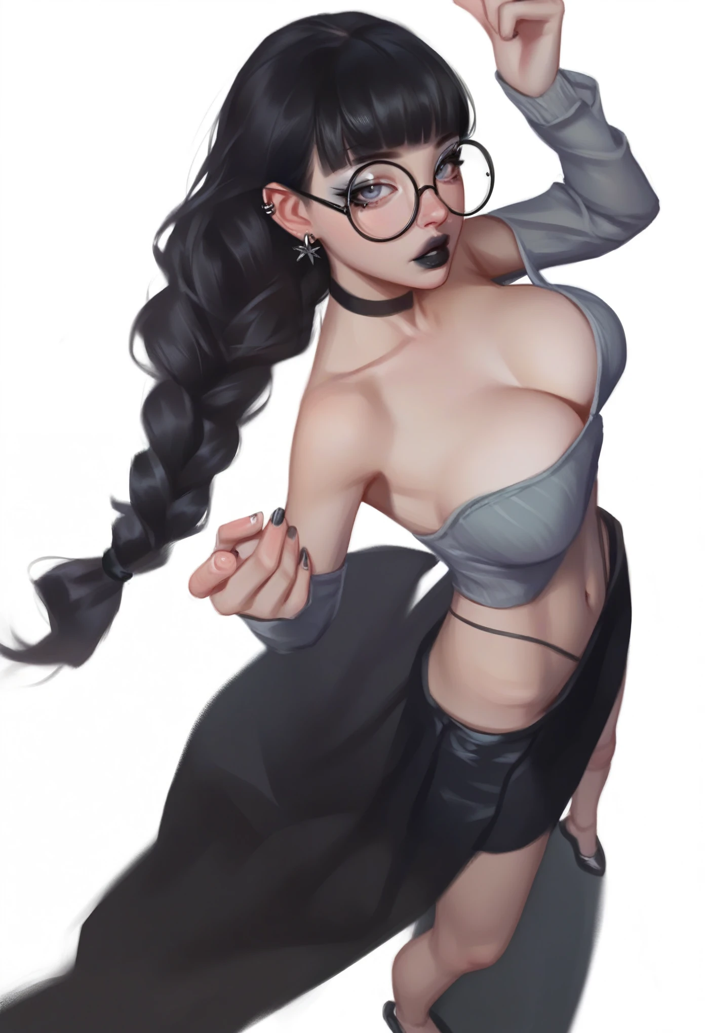 smudgy, traditional art, liu2, brush texture, score_9, score_8_up, score_7_up, 1girl, black hair, braids, straight hair, long hair, grey eyes, thick lips, small, long eyelashes, half-closed eyes, black-framed eyewear, round eyewear, black choker, blunt bangs, adult, black eyeliner, large breasts, ear piercing, black lips, grey eyeshadow, looking at viewer, BREAK solo, standing, adult, skinny, highleg, arched back, thigh gap, BREAK (white background:1.2), simple background, dynamic pose, dynamic angle, angled shot,