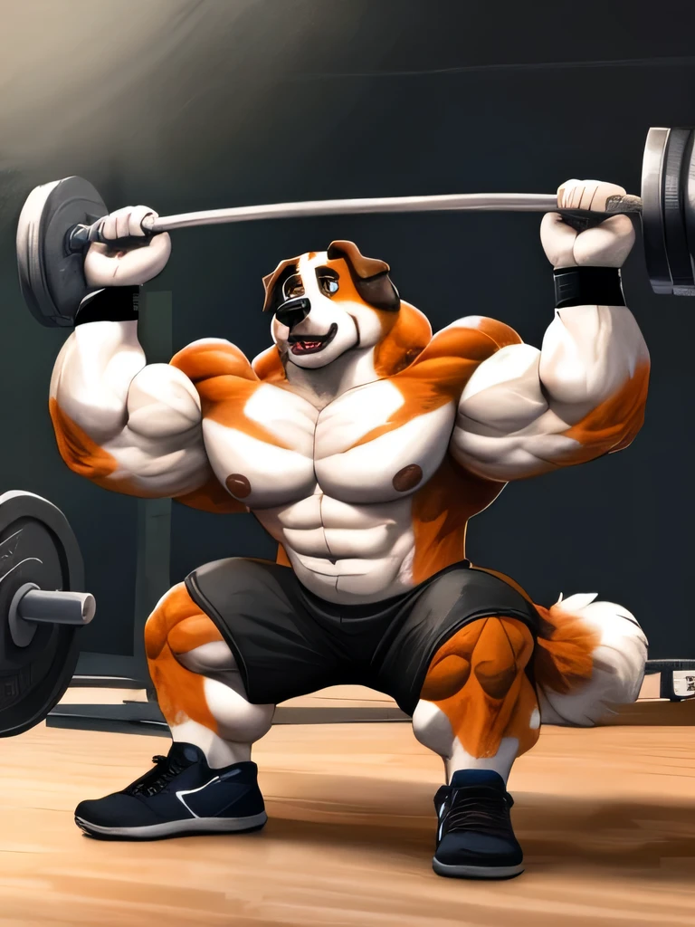 a shirtless muscular Saint Bernard hound male with huge buff muscles wearing black gym shorts, black wristbands and black gym shoes, doing 300lbs of biceps curls barbells at the gym intensely, working out, lifting weights, weight plates