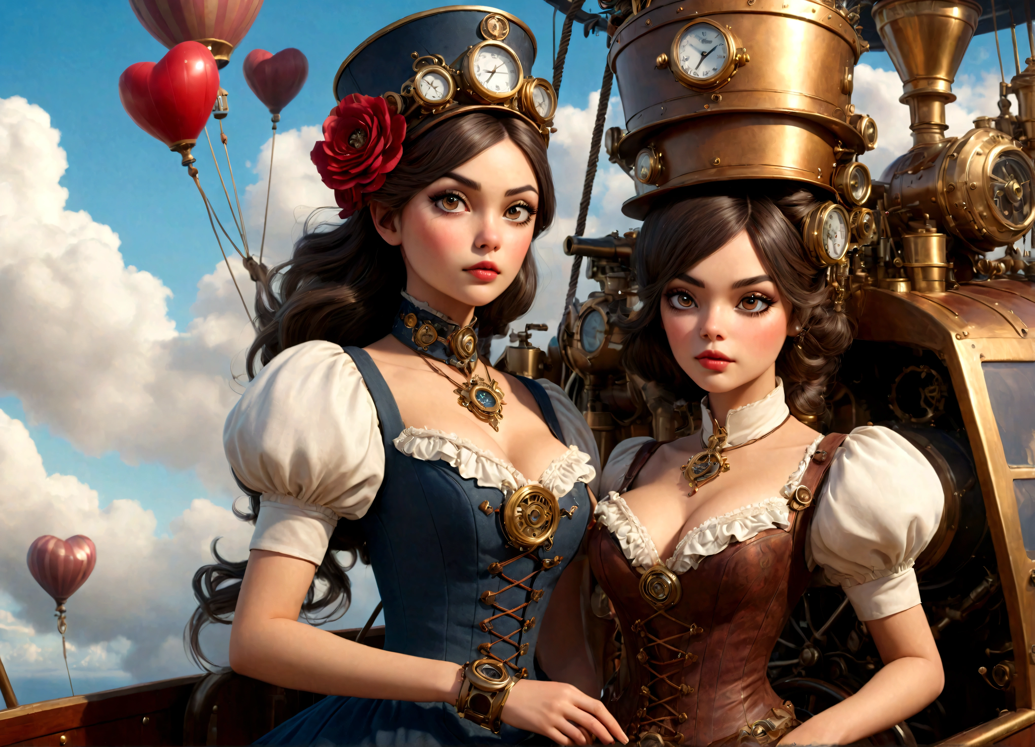 a lovely woman in an elegant dress with exposed breasts, a pug-themed steam-powered servant, piloting a hot air steamship draped with flowers and hearts, steampunk style, (best quality,4k,8k,highres,masterpiece:1.2),ultra-detailed,(realistic,photorealistic,photo-realistic:1.37),intricate details,cinematic lighting,warm color tones,romantic,whimsical,elegant,steampunk machinery,steam power,steam clouds,ornate airship,floral accents,heart-shaped decorations,beautiful detailed eyes,beautiful detailed lips,extremely detailed eyes and face,longeyelashes