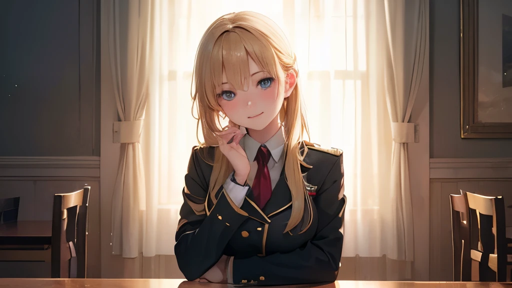 1 girl、18-year-old female、Blonde, Gal, Sitting in a chair、uniform、 HD Fine、Very detailed、Masterpiece、Cinema Lighting、(8k、highest quality、Masterpiece:1.2)、(Realistic、Photorealistic:1.37) High resolution、Very detailed、Expressions of silence、Asian, alone, Beautiful smile