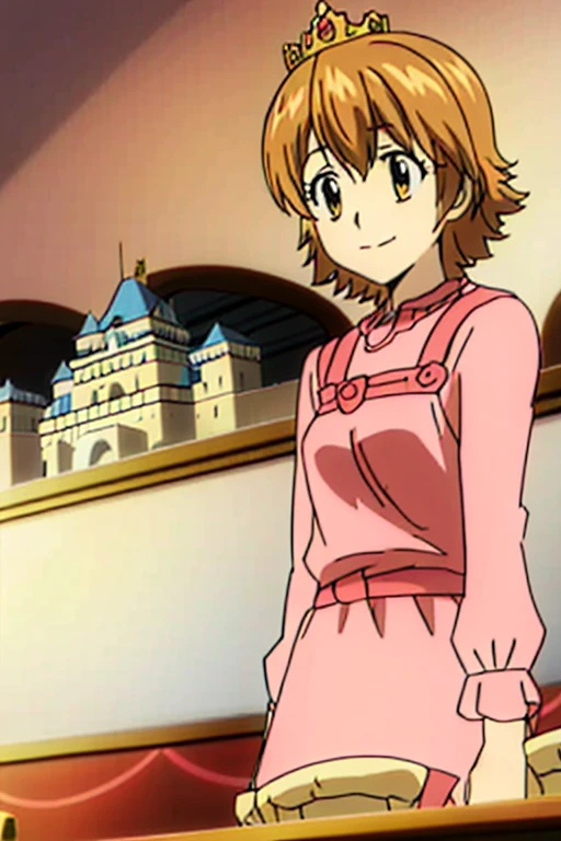 1girl princess, pink dress, palace,
Castle, short sleeves, with a crown on his head, room, smiling, short hair, brown hair, gold eyes,