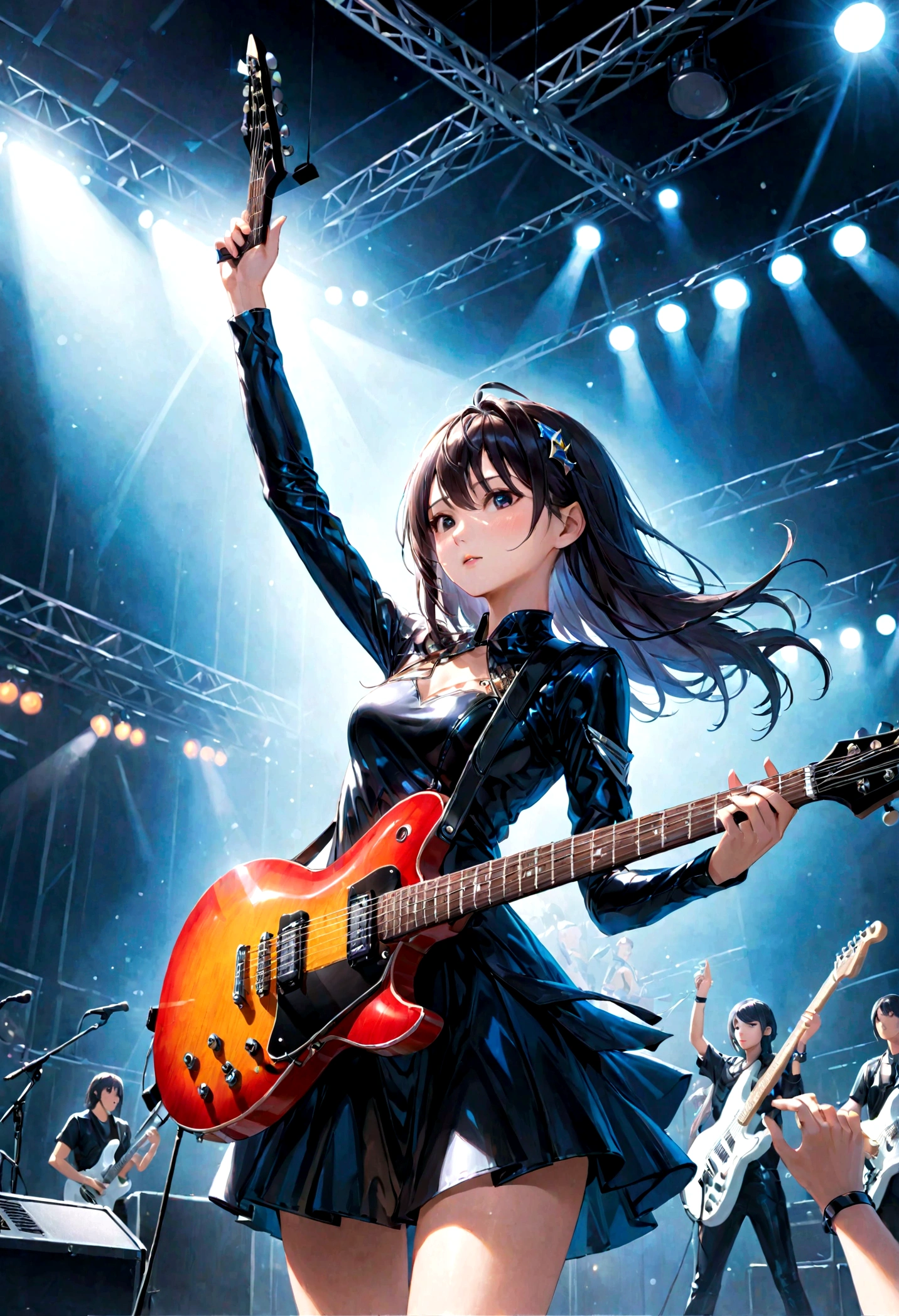 woman、Musician、Electric guitar、Live Stage、Raise one hand