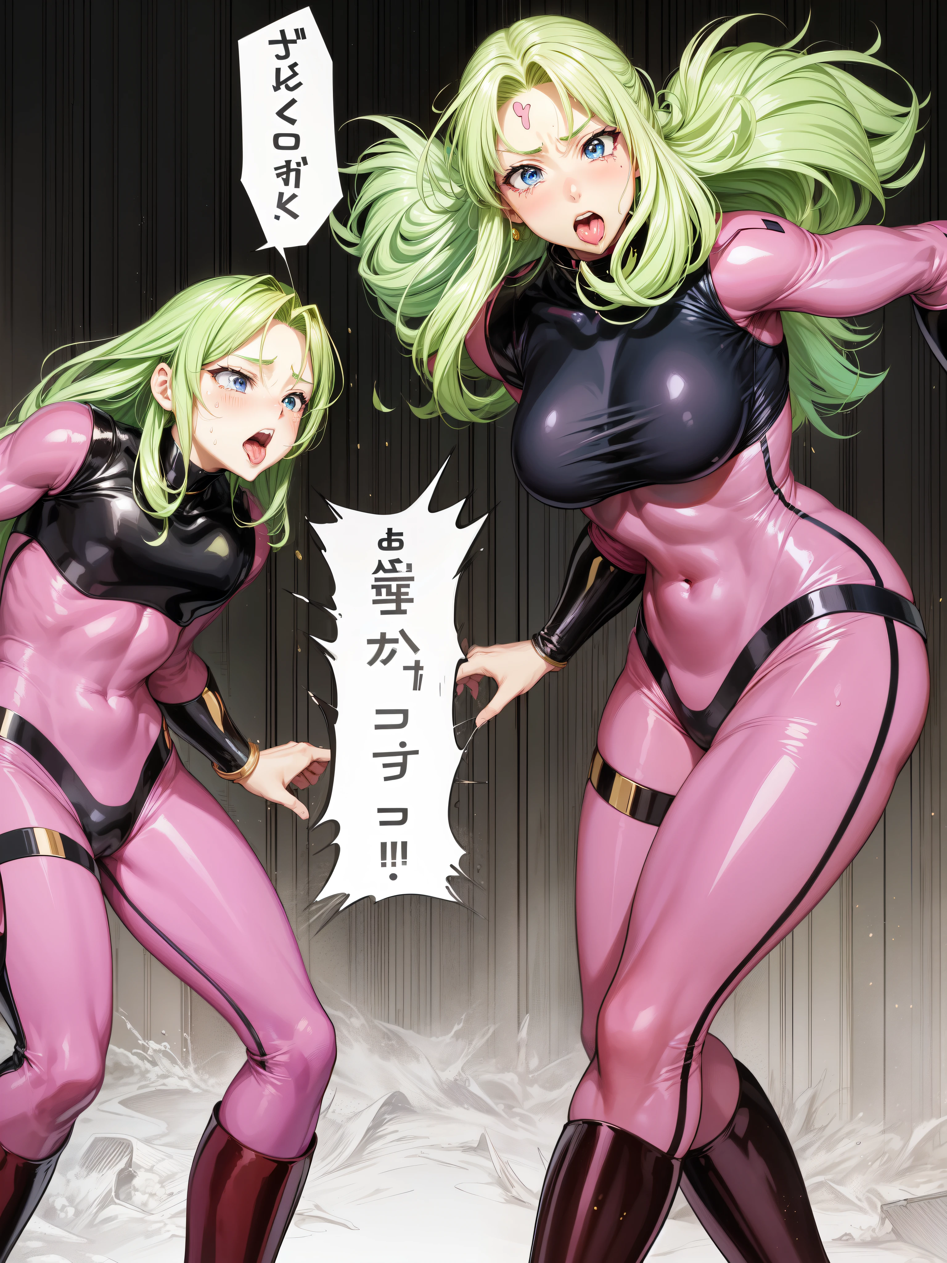 ２Female Fighters、Japanese girl、Close-up of a girl in a black and pink leotard、Black glossy leotard、Black boots、Gold and silver belts、Gold Circlet、Saiyan Girl, wonderful, Nano Girl, Female body type, Inspired by Hiromu Arakawa, Anime Manga Robot!! Anime Girls, Fubuki, Full Body Suit, by Hiromu Arakawa、wonderful, silk, Beautiful and attractive anime teen, Anime Girls of the future, tears,Drooling,Pee,Sweat,Tongue out,incontinence,Peeing、Estrus、Eyes wide open,Estrus,Blushing,Nipples are erect,Face is hot、Lust