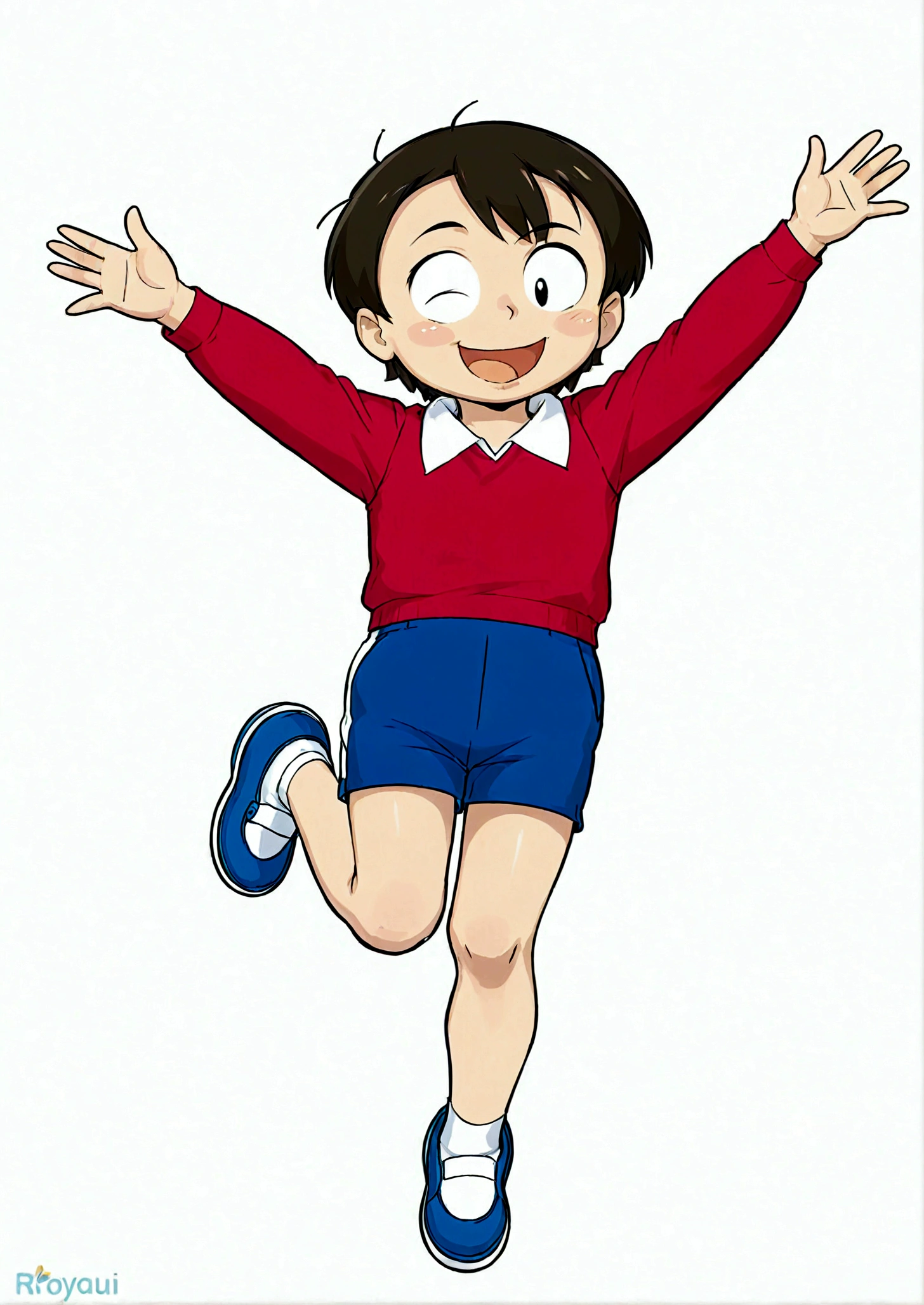 1boy,jump,Arms open,One eye closed,One eye open,Hands raised,Hands in the air,whole body,Male focus,shorts,Simple background,Smile,solo,Wave,Hiroyuki Nobi