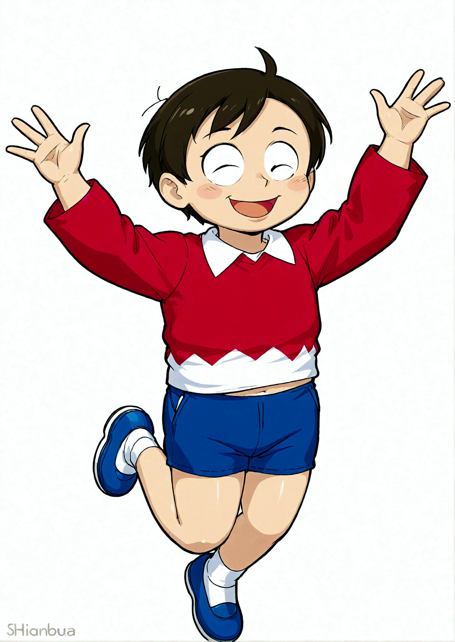 1boy,jump,Arms open,One eye closed,One eye open,Hands raised,Hands in the air,whole body,Male focus,shorts,Simple background,Smile,solo,Wave,Hiroyuki Nobi