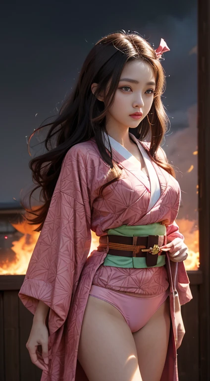 Masterpiece, Best Quality, High Resolution, Venus1, 1Girl, Solo, Tsuko Kamato, Bamboo, Gag, Hair (brown), Plaid Belt, Gag, Gag, Gradient Hair, Hair Ribbon, Haori, Japanese Clothing, Very Short Kimono, showing her underwear, big , Long Hair, Looking at the Audience, Multicolored Hair, Pink Eyes, Very Short Pink Kimono, showing her bra, Pink Ribbon, Ribbon, Solo, (((Masterpiece)), Forehead, standing posing infront of a burning house at night, with dark red clouds Cute puffing cheeks, seducing, Eyes wide, slim waist, sexy posing, slim tight,