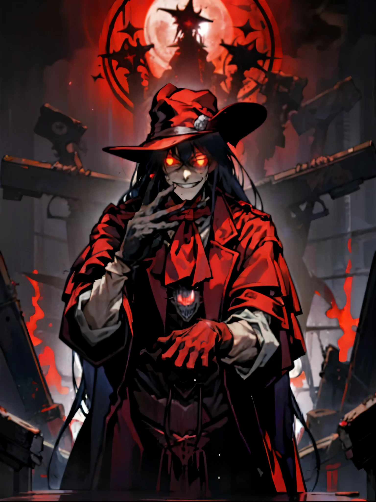 Alucard, Hellsing, engraved guns, gloves with pentagrams, red clothing, wind, gloomy setting, crimson eyes, cynical smile, aura of terror.