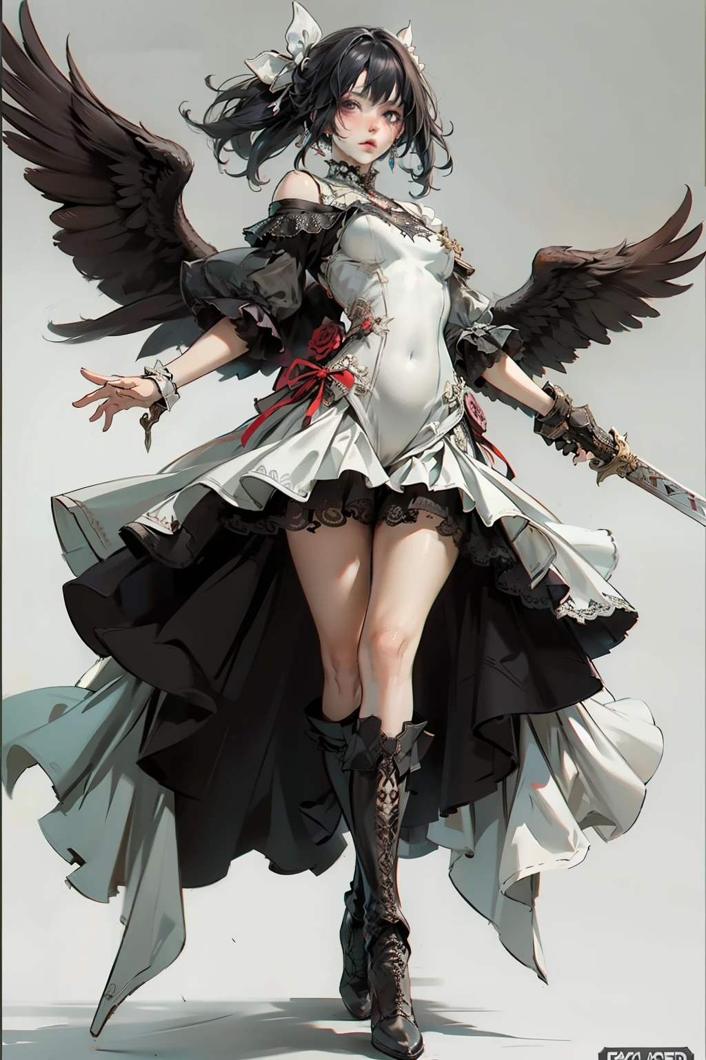 ((best quality)), ((masterpiece)), (detailed), blank white background, plain background, white background, red and white clothing, Bloodborne inspired, occult aesthetic, occult, detailed and intricate steampunk and detailed gothic, NSFW, Very dramatic and cinematic lighting, cosmic horror, grim-dark, side-lighting, perfect face, NSFW, Fluttering lace flared long knee length dress with frilly petticoats, knee length dress, pleated petticoats, dress, petticoats gothic lolitalex lace boots, side-lighting, gothic lolita aesthwielding a mighty sword, carbine, NSFW, beautiful small breasts, small breull body, wholebody, plain background, white background, blank background, no background, white background NSFW, full body, whole body, head-to-toe NSFW