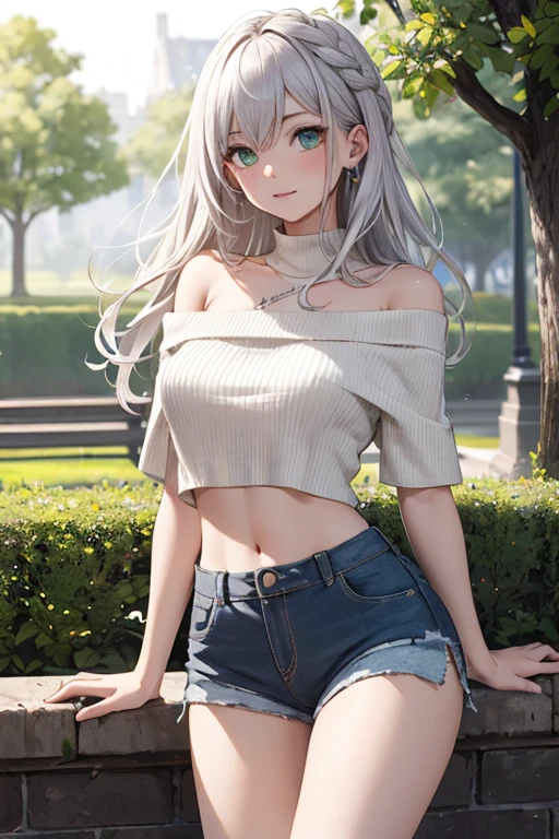 ((highest quality)), ((masterpiece)), (detailed), One girl, Off-the-shoulder sweater, Fresh green park in early summer、Navel-baring look、Short sleeve、Micro Shorts、Silver Hair、Long Hair、