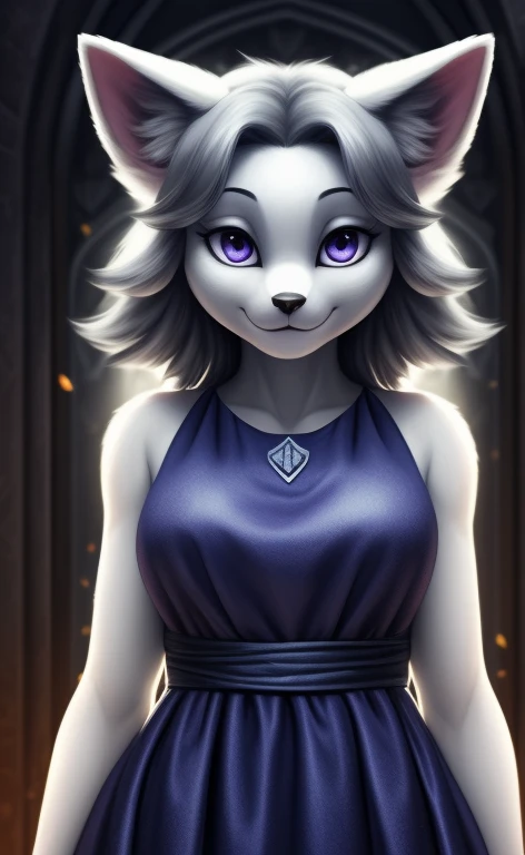 [temmie], [undertale], ((masterpiece)), ((HD)), ((solo portrait)), ((front view)), ((furry; anthro)), ((detailed fur)), ((detailed shading)), ((beautiful render art)), {anthro; (slim figure), (white body fur), black nose, cute violet eyes, long grey hair, (calm look), (calm smile) }, {(indigo dress), (white crest on dress)}, {(standing), (looking at viewer)}, [background; (throneroom), (ambient lighting)], cat eyes, four ears, cat ears, dog ears, realistic