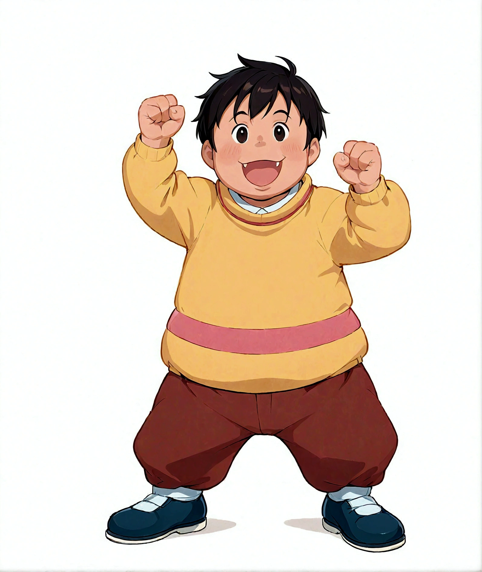Fist up,shirt,棕色裤子和蓝色shirt,1boy,Clenched hands,whole body,Male focus,open mouth,Paw pose,shoe,Simple background,Smile,solo,White background ,Goda Takeshi