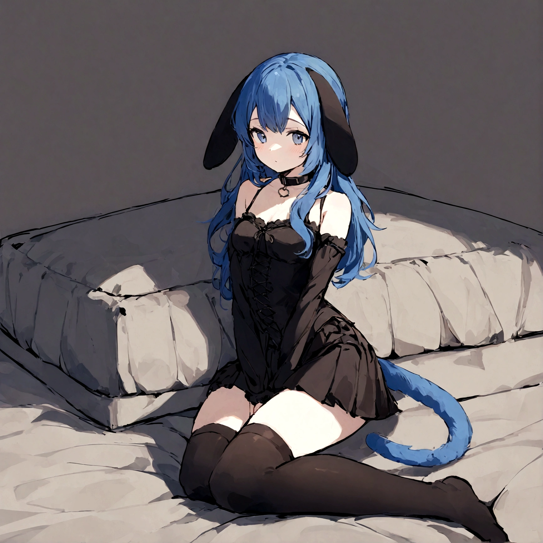 a sexy female with long blue hair, has floppy puppy ears, has a puppy tail, wearing a black corset, wearing a black mini skirt, has a dark blue dog collar on, wearing cute thigh high socks, relaxing on knees, solo, alone, (SOLO)ALONE), no dogs, single girl, on knees, on a dog bed