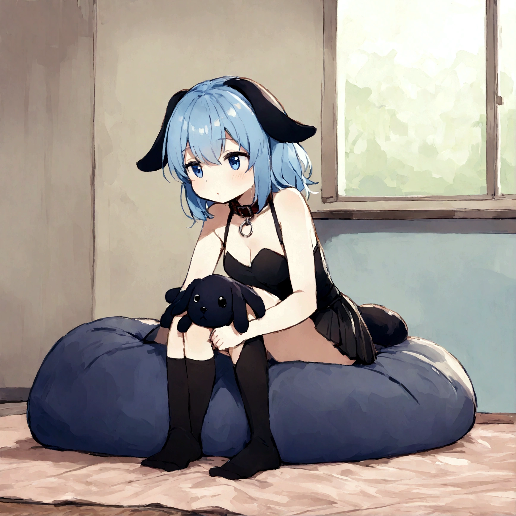 a sexy female with long blue hair, has floppy puppy ears, has a puppy tail, wearing a black corset, wearing a black mini skirt, has a dark blue dog collar on, wearing cute thigh high socks, relaxing on knees, solo, alone, (SOLO)ALONE), no dogs, single girl, on knees, on a dog bed