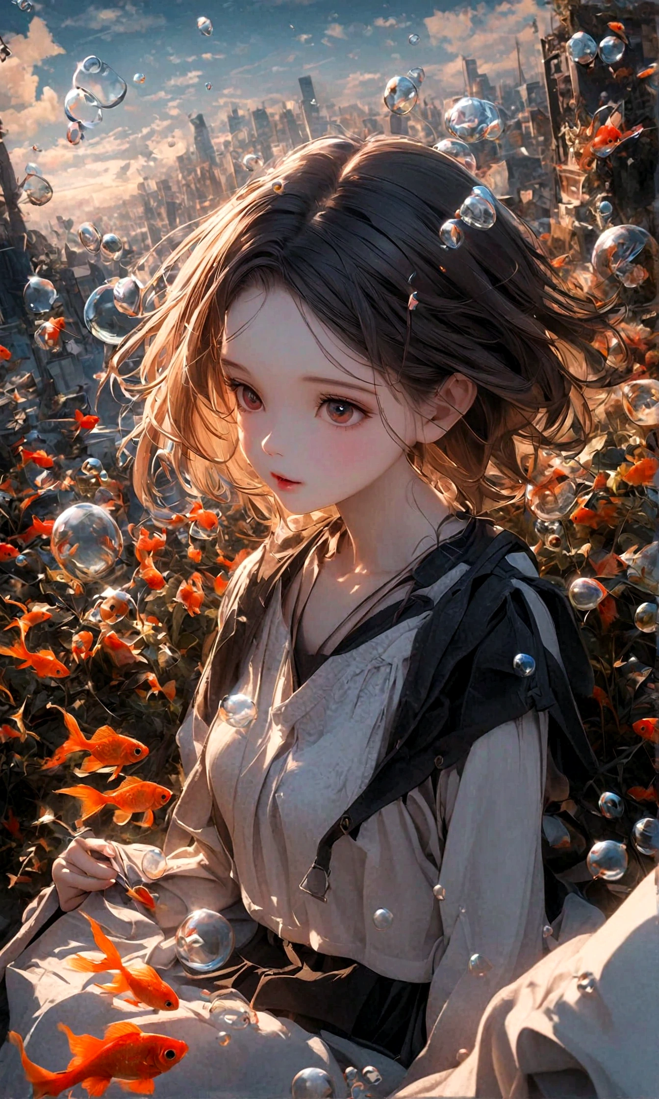 (woman\(student, , JK, Silver flowing short hair, Cosmic eyes, Black school uniform, Pale skin, Tired face，Eyes without luster\) look up to the sky), (Many goldfish swimming in the air), Beautiful sky, Beautiful clouds, In summer，Colorful flowers blooming everywhere, (Crystal clear bubbles sparkle in the sky), There is a midday moon and a midday star in the sky, woman is at messy downtown, rest ,quality\(8K,極為細緻的CG單元wallpaper, masterpiece,High resolution,top-quality,top-quality real texture skin,Surrealism,Improve resolution,RAW photos,Best quality,Very detailed,wallpaper,movie lighting,Ray Tracing,Golden Ratio\),(long shot),Wide-angle lens,