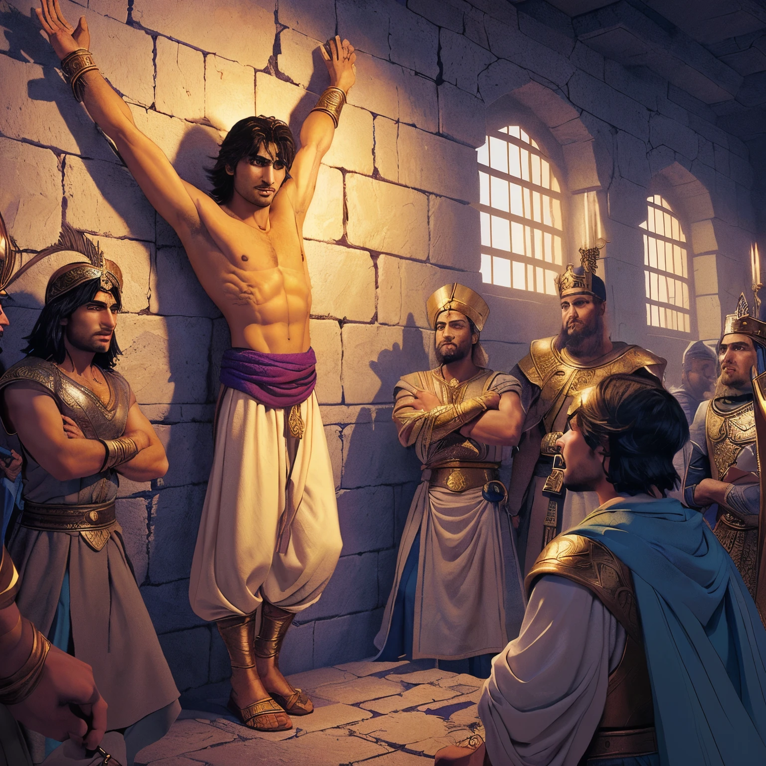 a cartoon of a man standing in a room with a bunch of people, handsome prince of persia, aladdin, inspired by Aladár Körösfői-Kriesch, bible illustration, epic biblical depiction, inspired by Altoon Sultan, prince of egypt, his arms spread, official art, by Jason Felix, ( art fitzpatrick ), inspiring art