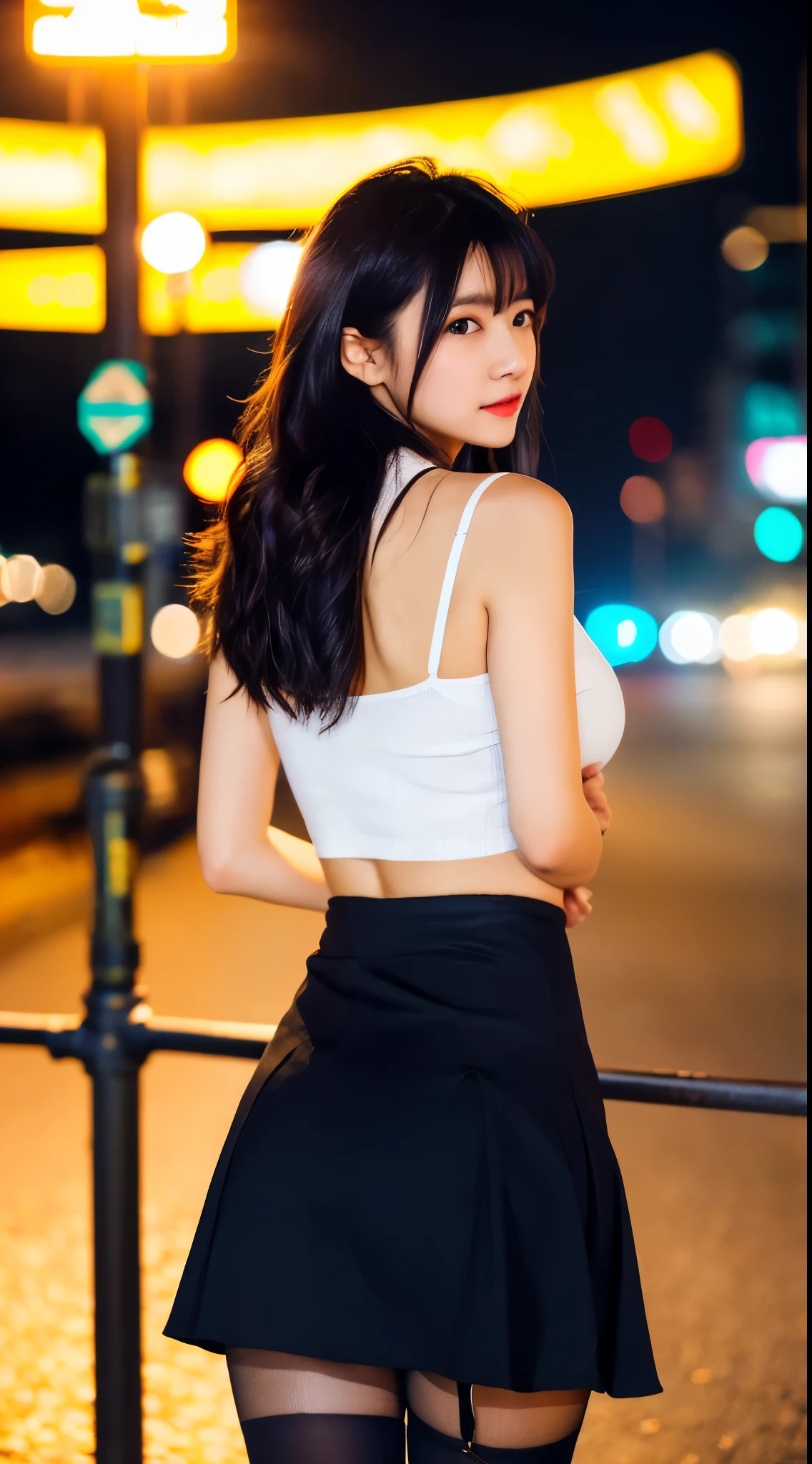 (8k, RAW Photos, highest quality, masterpiece:1.4), Ultra-high resolution, (Realistic, photo-Realistic:1.48),Omertoza,One girl,(K-Pop Idols), (Charming monkey:1),cute, (super Bokeh night city center:1.25), Bokeh, night, traffic light, road signs, rain, after rain, Wet, Professional Lighting, Detailed lighting, Photon Mapping, Radio City, Physically Based Rendering,Black Pantyhose Bloom, Backlight, Depth of written boundary, Natural light, Hard Focus, film grain, 1 meter shooting range, Professional photography, Shooting with Sony a9 II mirrorless camera, Fine grain, Realistic eyes, Detailed Shadows, View your viewers, Dog Ears, Detailed lighting, skirt, black skirt, Knee socks, black Knee socks, (Detailed Hair, Realistic hair, Realistic lighting, Realistic shadow, Realistic outfit), Realistic skin, (Gun on your hip:1), Realistic reflection of light from above, ((Put your arms behind your back)),(Hands Behind Back),Tube top,sexy,Large Breasts