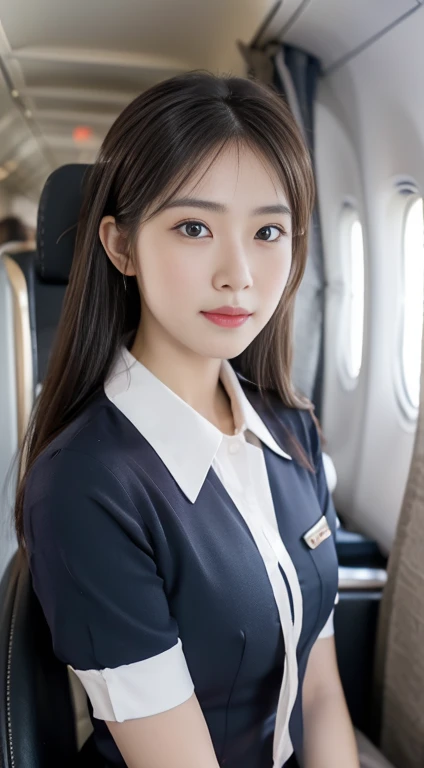 ((top quality, 8 thousand, table top: 1.3, RAW photos)), sharp focus: 1.2, (1 aespa girl :1.1), alone, (realistic, realistic: 1.37), (face focus: 1.1), Cute face, overly detailed face, tie her hair in a bun, small smile, big bust, flat chest, (flight attendant uniform: 1.2), standing, femur, Showing no chiffon panties, Octopus House, terminal