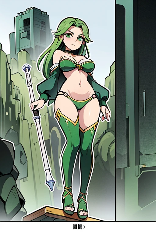 hermosa adolescente de cabello en colores verdes ropa futurista sensual con una arpa de arma de guerra en estilos manga y anime.