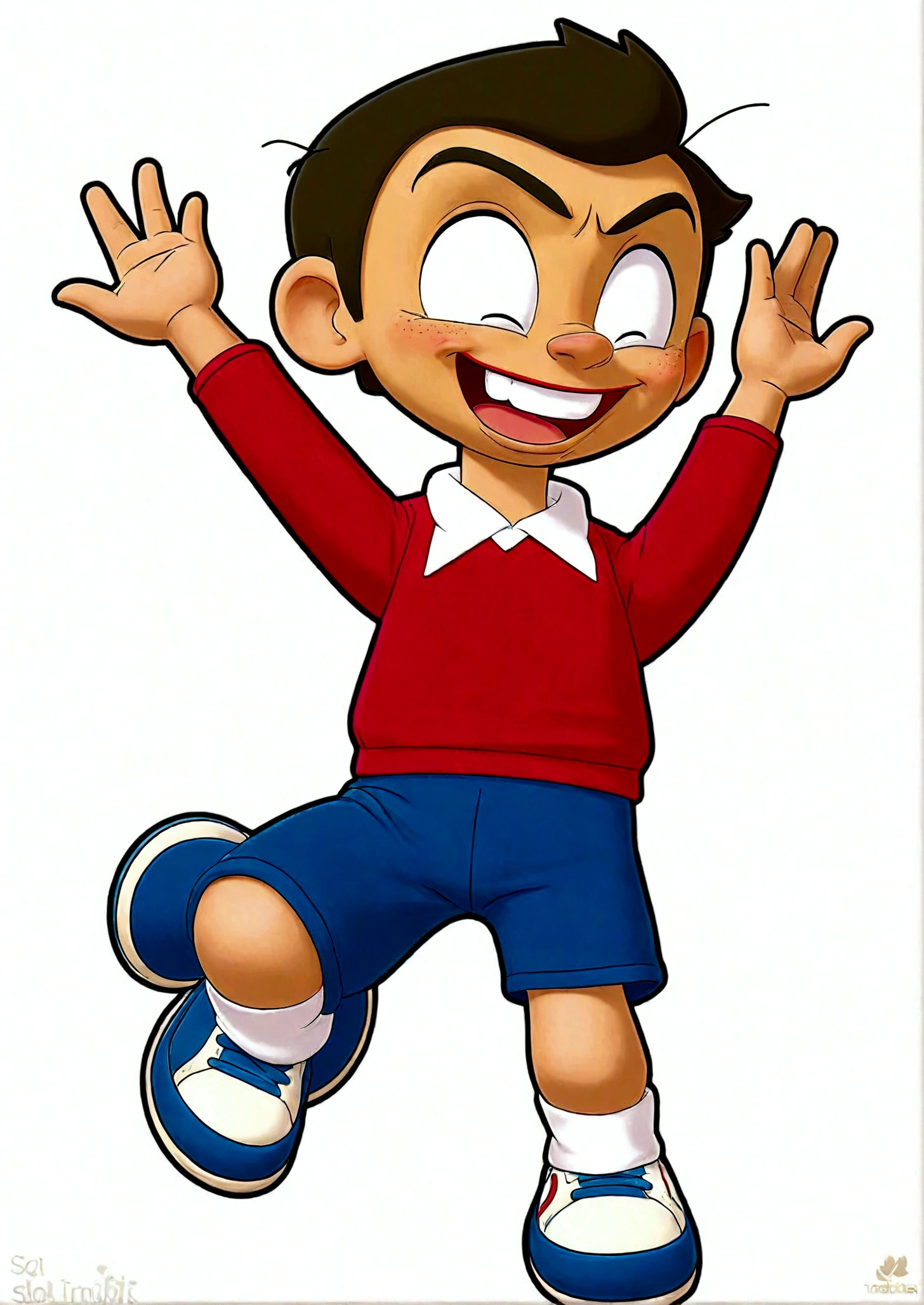 1boy,jump,Arms open,One eye closed,One eye open,Hands raised,Hands in the air,whole body,Male focus,shorts,Simple background,Smile,solo,Wave,Hiroyuki Nobi