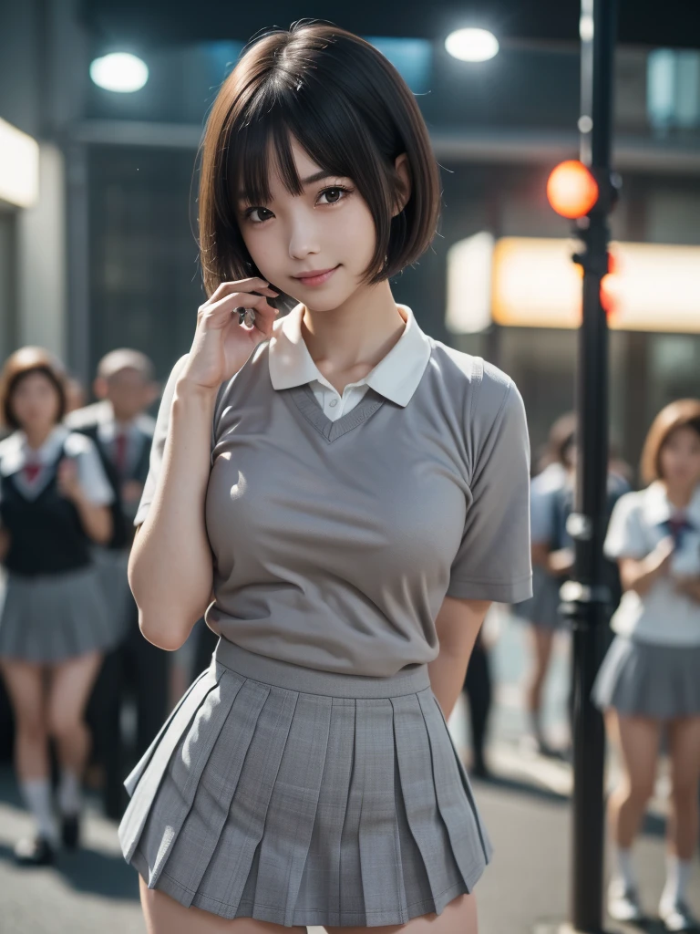 (8k, RAW Photos, highest quality, masterpiece:1.2), (Realistic, photo-Realistic:1.4), (Highly detailed 8k wallpaper), Sharp focus, Depth of written boundary, Cinematic lighting, Soft Light, Eyes of delicate beauty, shiny smooth light brown Short Bob Hair, Asymmetrical bangs, Glowing Skin, Ultra-dense skin,High resolution, High Detail, Detailed hairstyle, Detailed facial beauty, hyper Realistic, Perfect limbs, Perfect Anatomy, 1 Japanese girl, Famous Japanese Idols, Perfect female body, Large Breasts, (smile), Short eyelashes, double eyelid, Short Bob Hair, (school uniform : 1.3), (Micro Mini Skirt Grey Micro Mini Skirt:1.3), Watching the audience, (Crowded street:1.3), Cowboy Shot