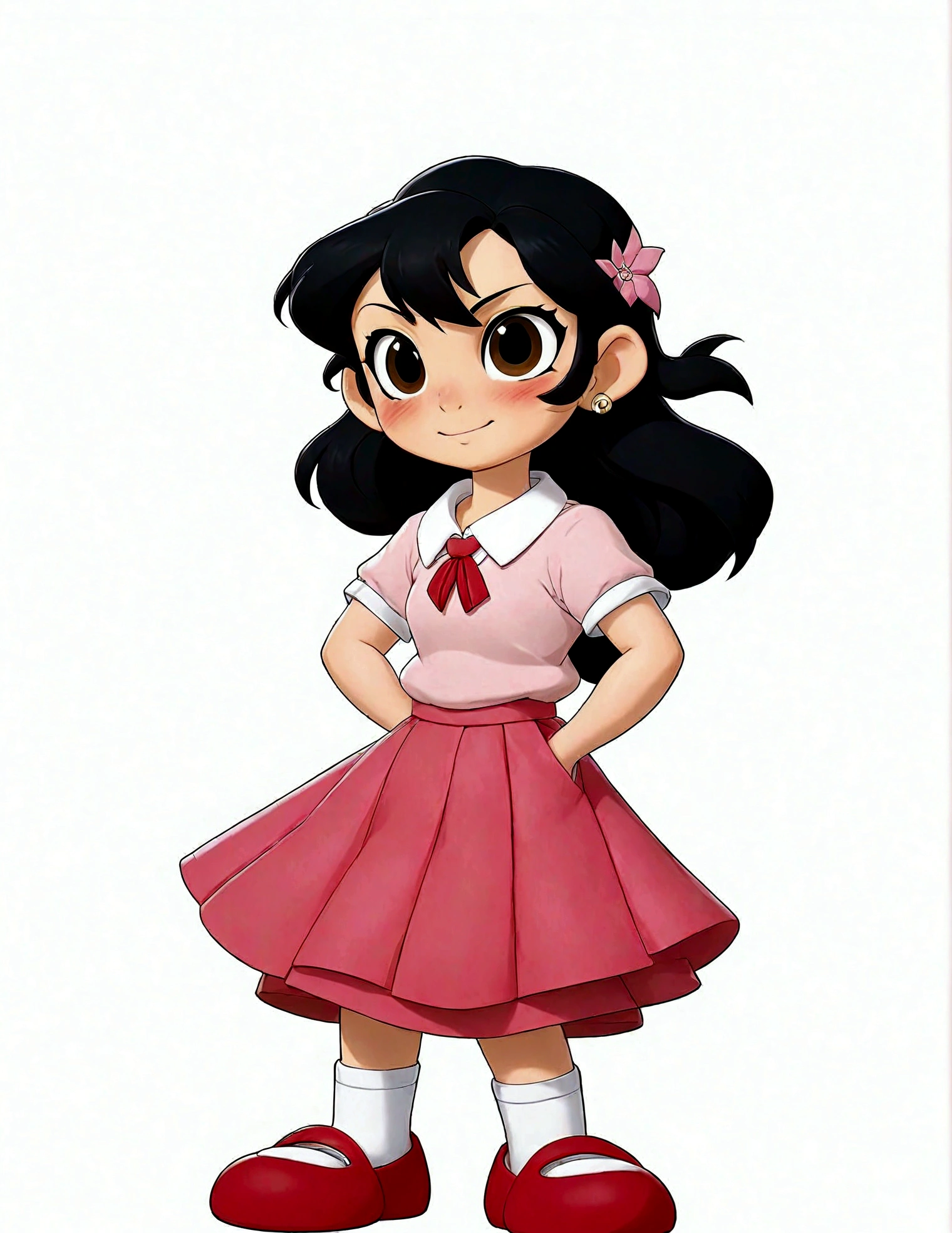 1girl,Black eyes,Black Hair,whole body,shoe,Simple background,skirt,Smile,solo,Standing,Double tail,White background,Minamoto Shizuka