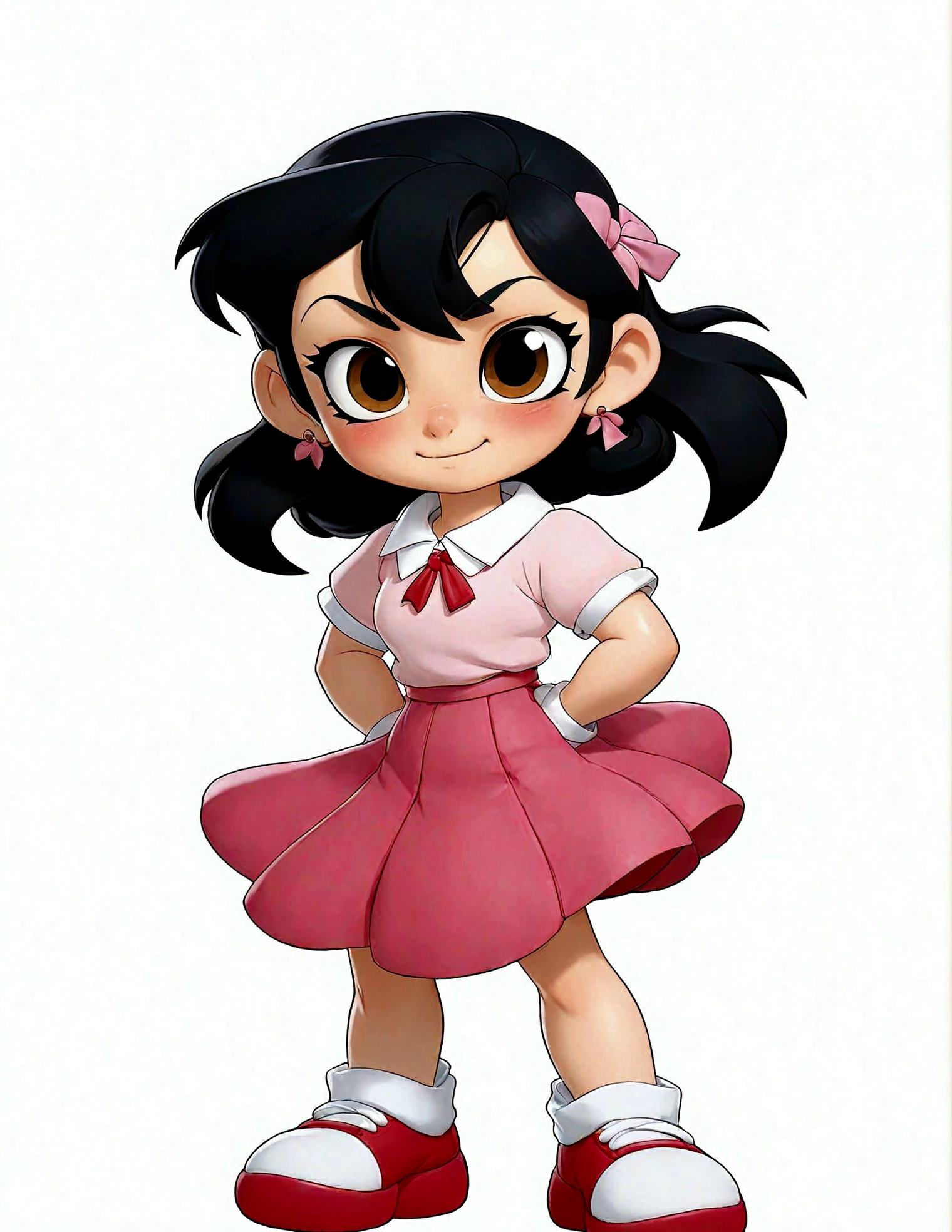 1girl,Black eyes,Black Hair,whole body,shoe,Simple background,skirt,Smile,solo,Standing,Double tail,White background,Minamoto Shizuka