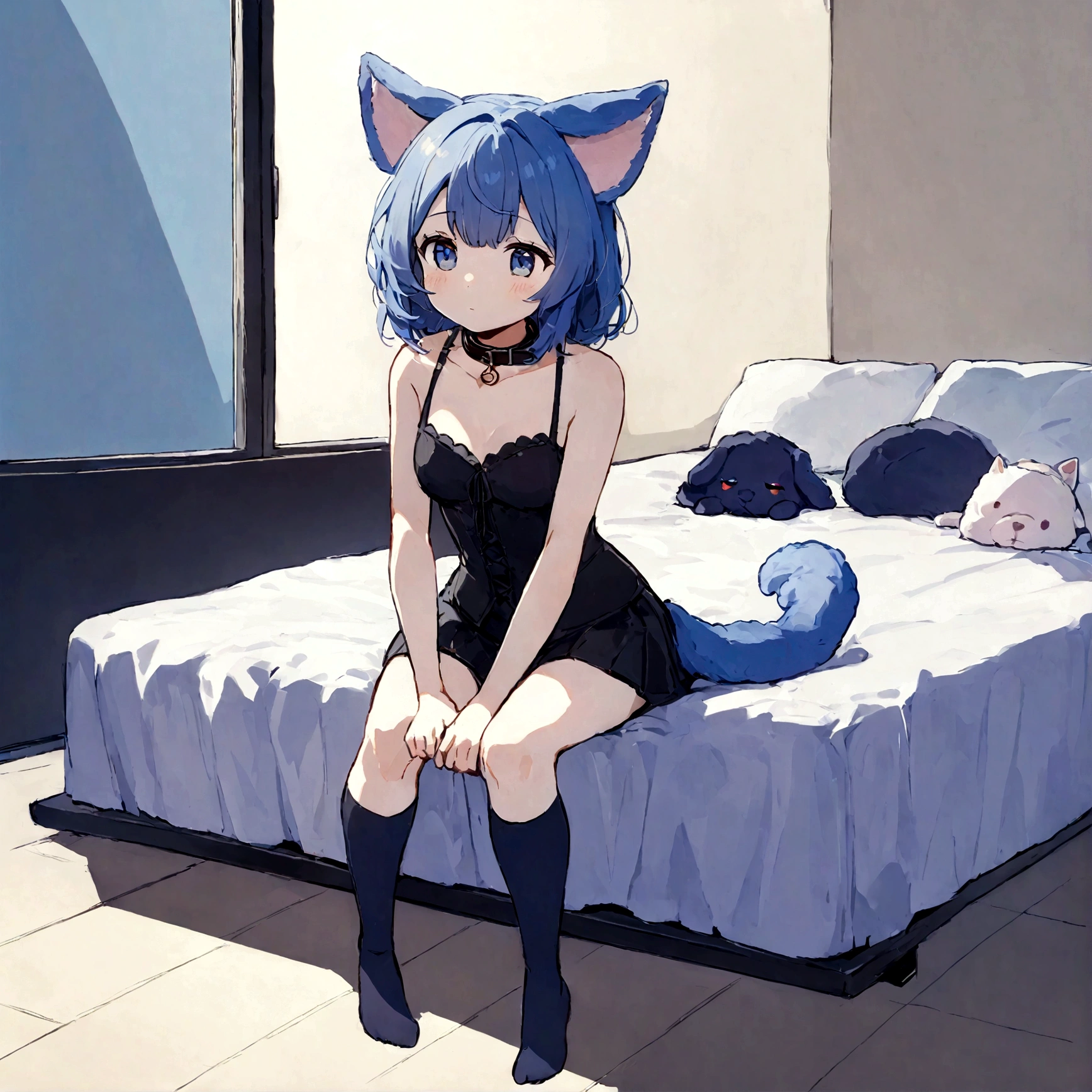 a sexy female with long blue hair, has fuzzy floppy puppy ears, has a puppy tail, wearing a black corset, wearing a black mini skirt, has a dark blue dog collar on, wearing cute thigh high socks, relaxing on knees, solo, alone, (SOLO)ALONE), no dogs, single girl, on knees, on a dog bed