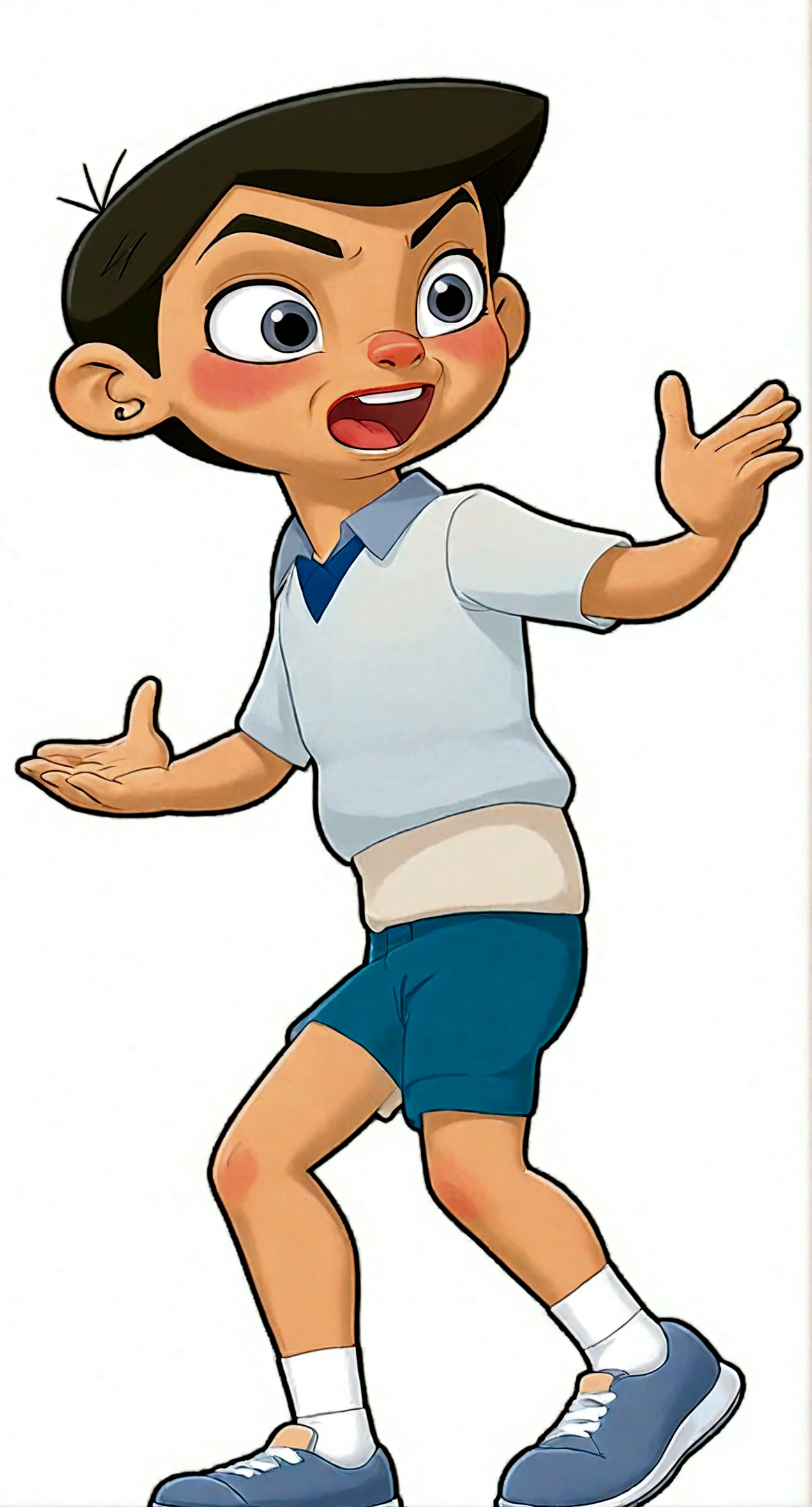 Blue Shirt,蓝色shorts,walk,Make a gesture with your right hand,1boy,black eyes,蓝色shorts,whole body,Male focus,open mouth,shoe,shorts,Simple background,Smile,solo,White background,Out of the wood cedar talent