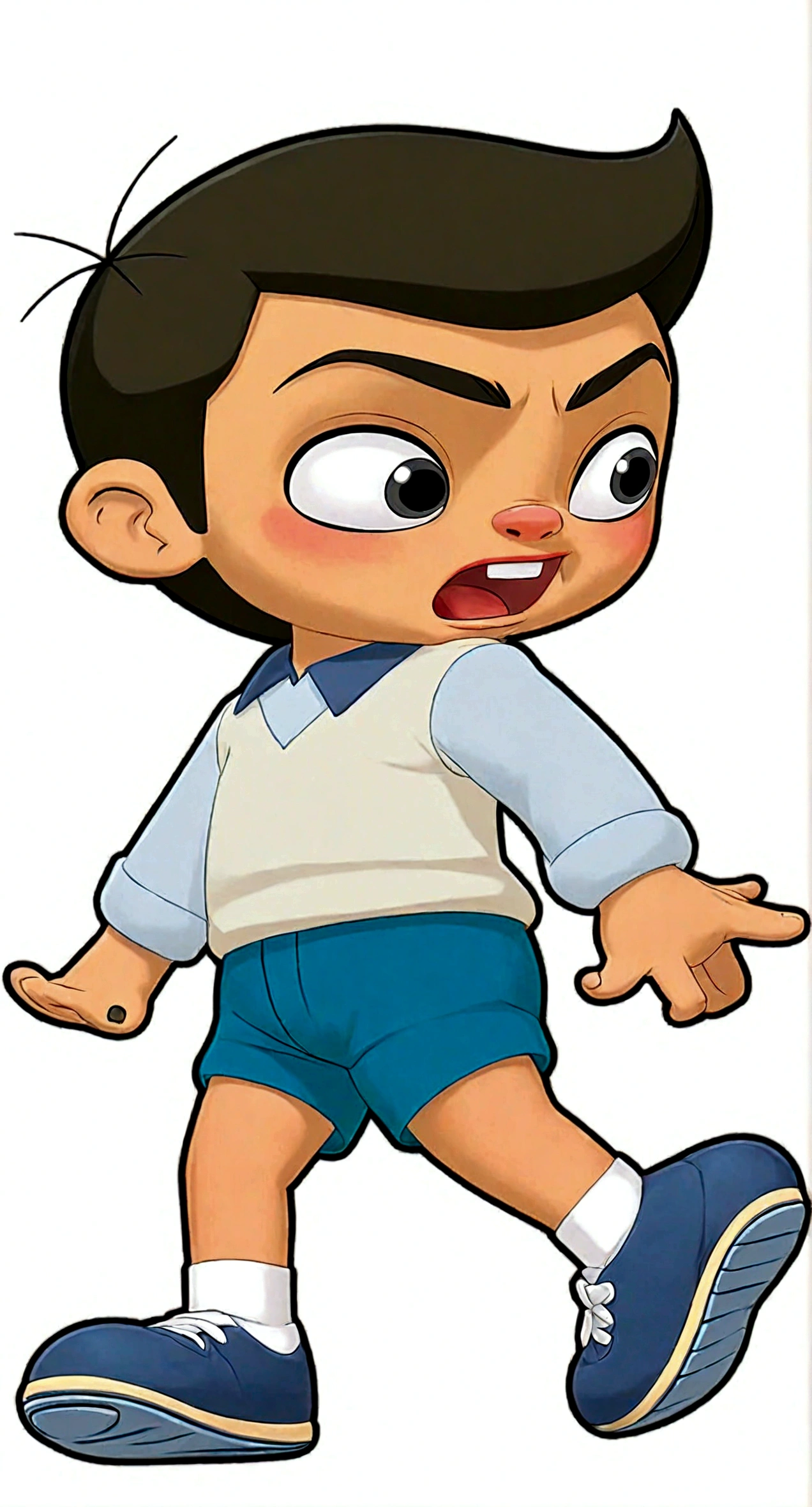 Blue Shirt,蓝色shorts,walk,Make a gesture with your right hand,1boy,black eyes,蓝色shorts,whole body,Male focus,open mouth,shoe,shorts,Simple background,Smile,solo,White background,Out of the wood cedar talent