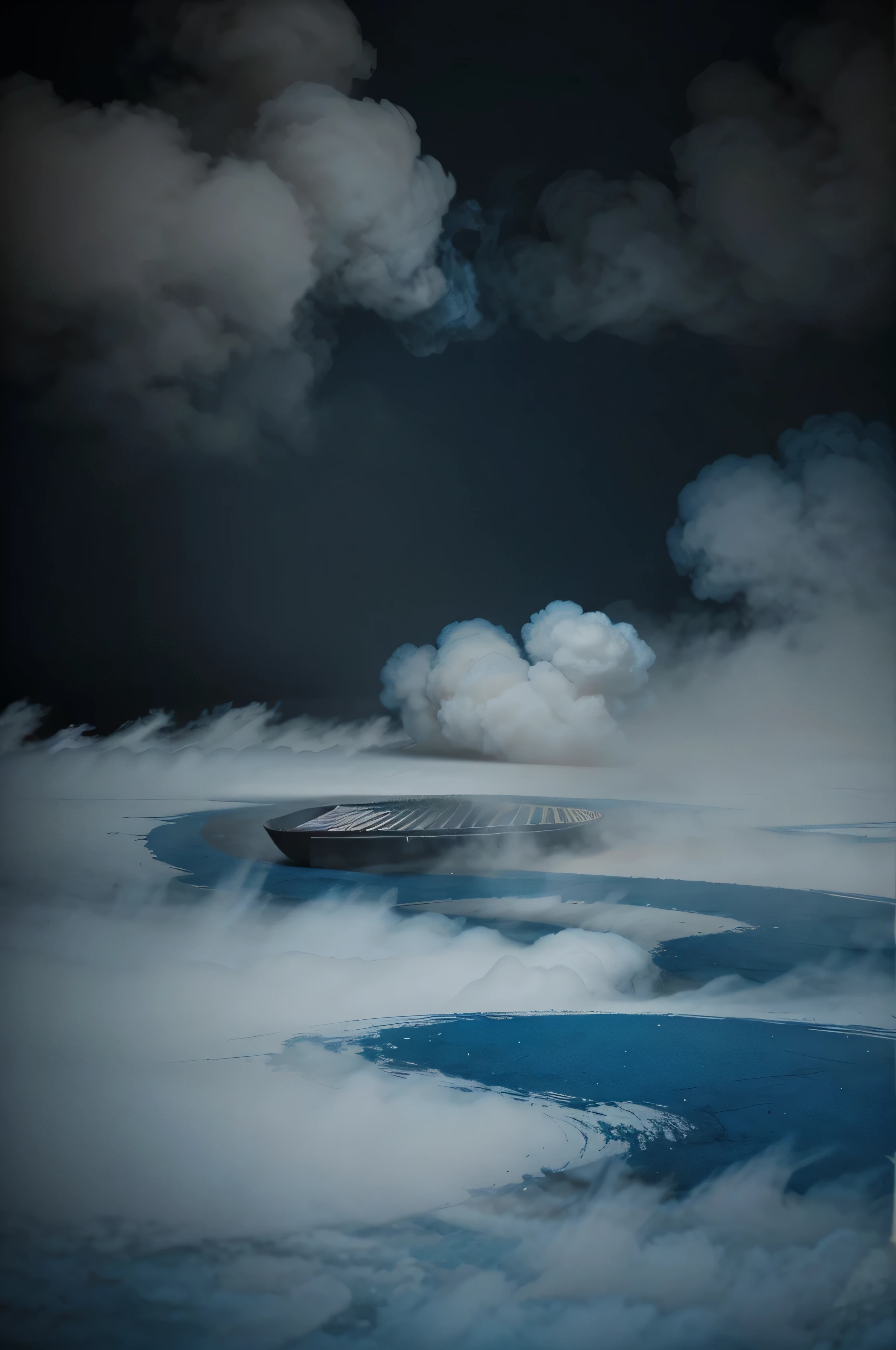 intense fog, smoke background, floor with abstract lines, blue