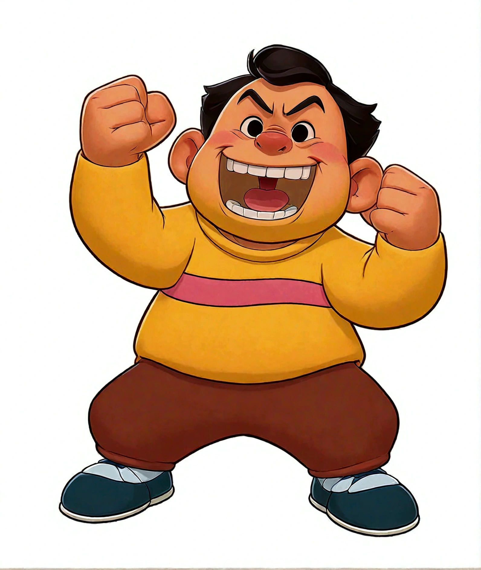 Fist up,shirt,棕色裤子和蓝色shirt,1boy,Clenched hands,whole body,Male focus,open mouth,Paw pose,shoe,Simple background,Smile,solo,White background ,Goda Takeshi