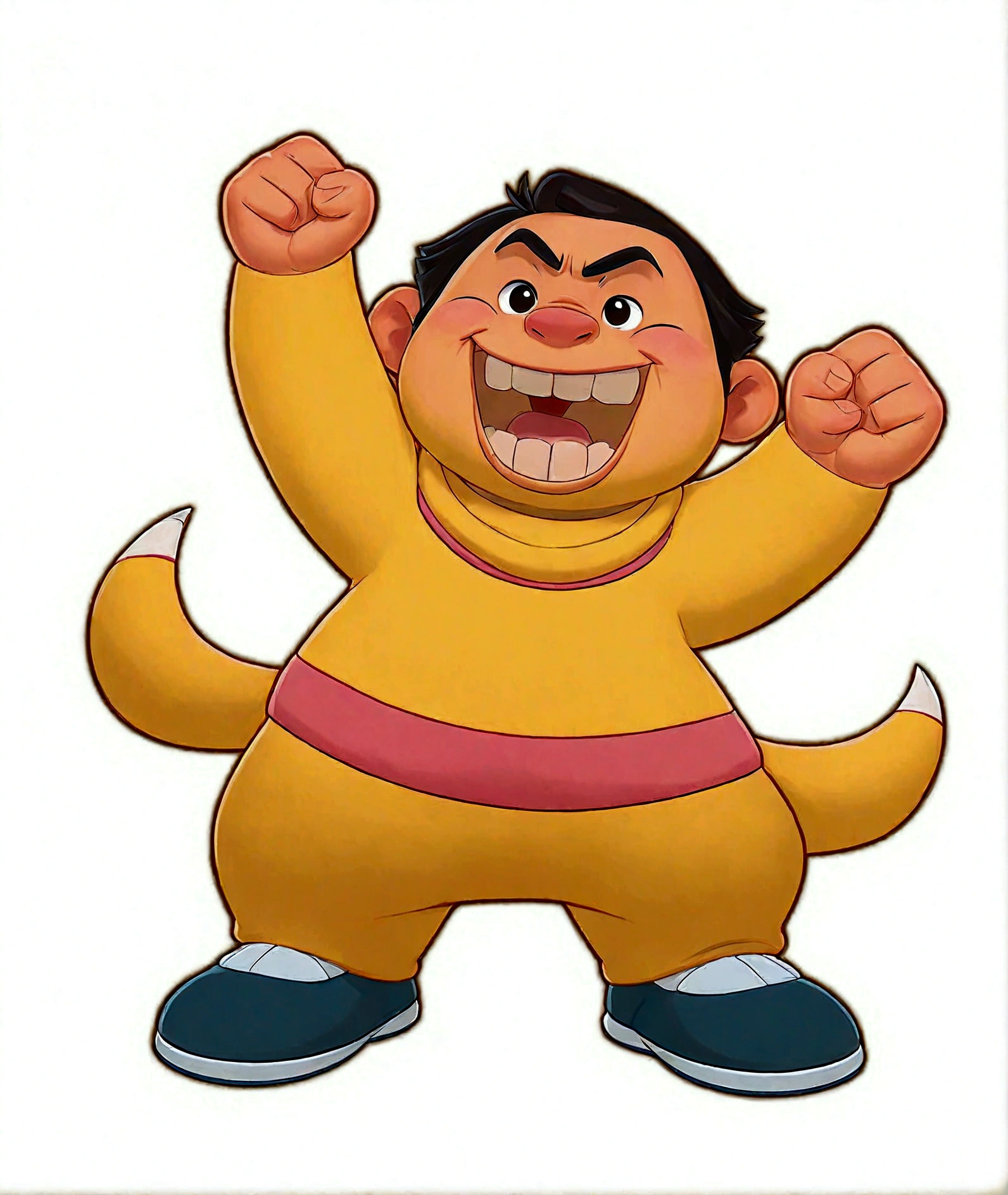 Fist up,shirt,棕色裤子和蓝色shirt,1boy,Clenched hands,whole body,Male focus,open mouth,Paw pose,shoe,Simple background,Smile,solo,White background ,Goda Takeshi